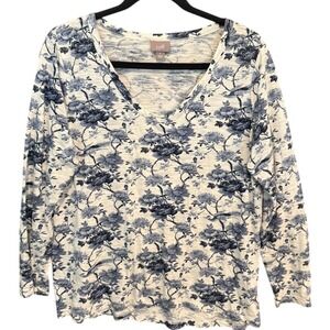J. Jill Blue Floral Toile V-Neck Long Sleeve Slub Knit Top Womens Small S Cotton
